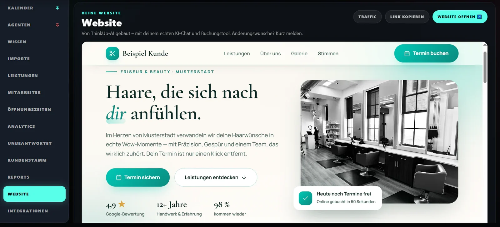 Website-Bereich im ThinkUp-Space mit Vorschau der Kundenwebsite